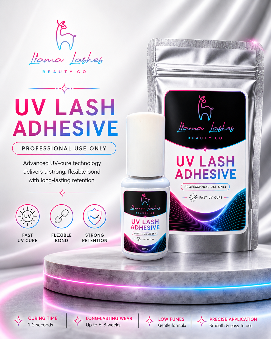 UV Lash Glue by Llama Lashes β 1 Second Dry Time, Low Fume, LED UV Light Cure, 8β10 Week Retention, Waterproof, Sensitive Formula, Pro Lash Extension Adhesive β 5ml