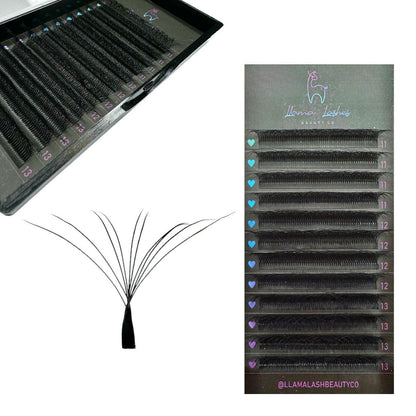LLama Lashes Flofans – Pre-Made Volume Lash Fans | Easy Fan, Auto-Fanning, W Lash Style | 3D, 6D, 10D, XL10D | Mixed Length Lash Extensions in Black & Brown