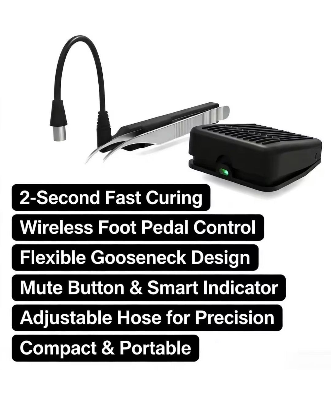 Professional UV Lash Extension Tweezer System with Wireless Foot Pedal – 2 Second Fast Curing LED Light, Flexible Gooseneck, Rechargeable UV Glue Curing Lamp for Eyelash Extensions (Pro Use Only)