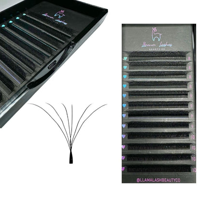 LLama Lashes Flofans – Pre-Made Volume Lash Fans | Easy Fan, Auto-Fanning, W Lash Style | 3D, 6D, 10D, XL10D | Mixed Length Lash Extensions in Black & Brown