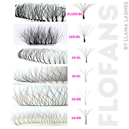 LLama Lashes Flofans – Pre-Made Volume Lash Fans | Easy Fan, Auto-Fanning, W Lash Style | 3D, 6D, 10D, XL10D | Mixed Length Lash Extensions in Black & Brown