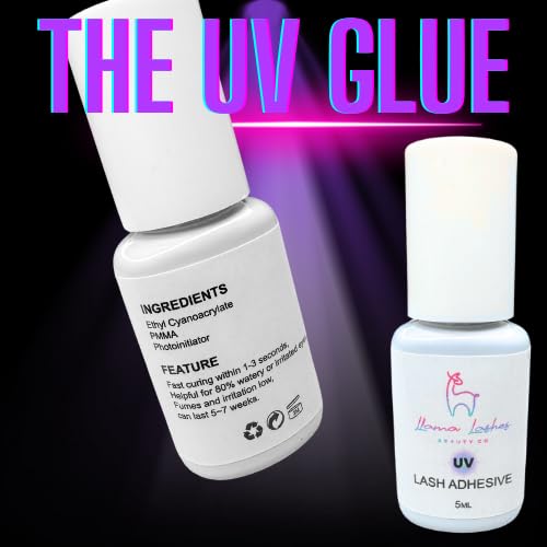 UV Lash Glue by Llama Lashes – 1 Second Dry Time, Low Fume, LED UV Light Cure, 8–10 Week Retention, Waterproof, Sensitive Formula, Pro Lash Extension Adhesive – 5ml