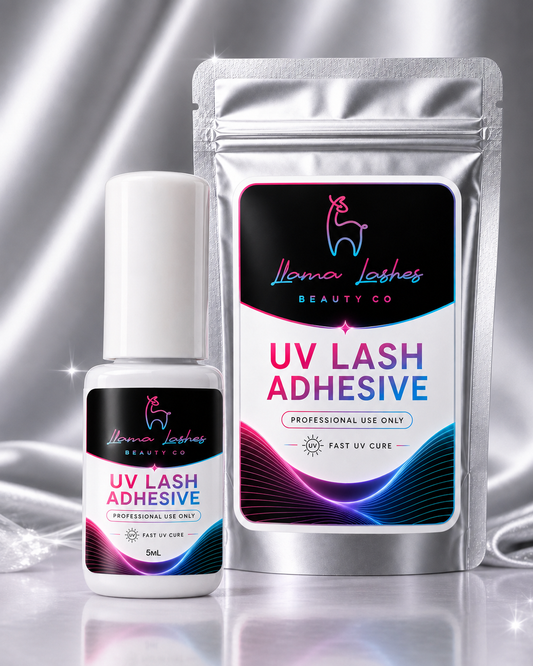 UV Lash Glue by Llama Lashes – 1 Second Dry Time, Low Fume, LED UV Light Cure, 8–10 Week Retention, Waterproof, Sensitive Formula, Pro Lash Extension Adhesive – 5ml