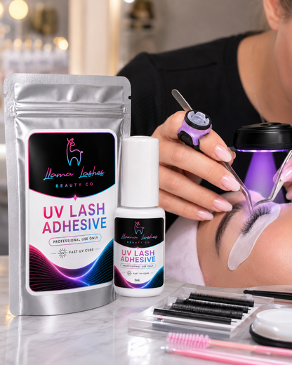 UV Lash Glue by Llama Lashes – 1 Second Dry Time, Low Fume, LED UV Light Cure, 8–10 Week Retention, Waterproof, Sensitive Formula, Pro Lash Extension Adhesive – 5ml