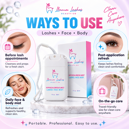 Llama Lashes Hypochlorous Mist – Lash, Face & Body Spray | Gentle Skin Cleanser & Refreshing Mist | Fragrance-Free, pH Balanced, Travel Size (1 fl oz)